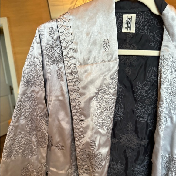 Vintage Haath Haat Oriental Patterned Pale Blue Silver Silk Hooded Jacket - Picture 3 of 3